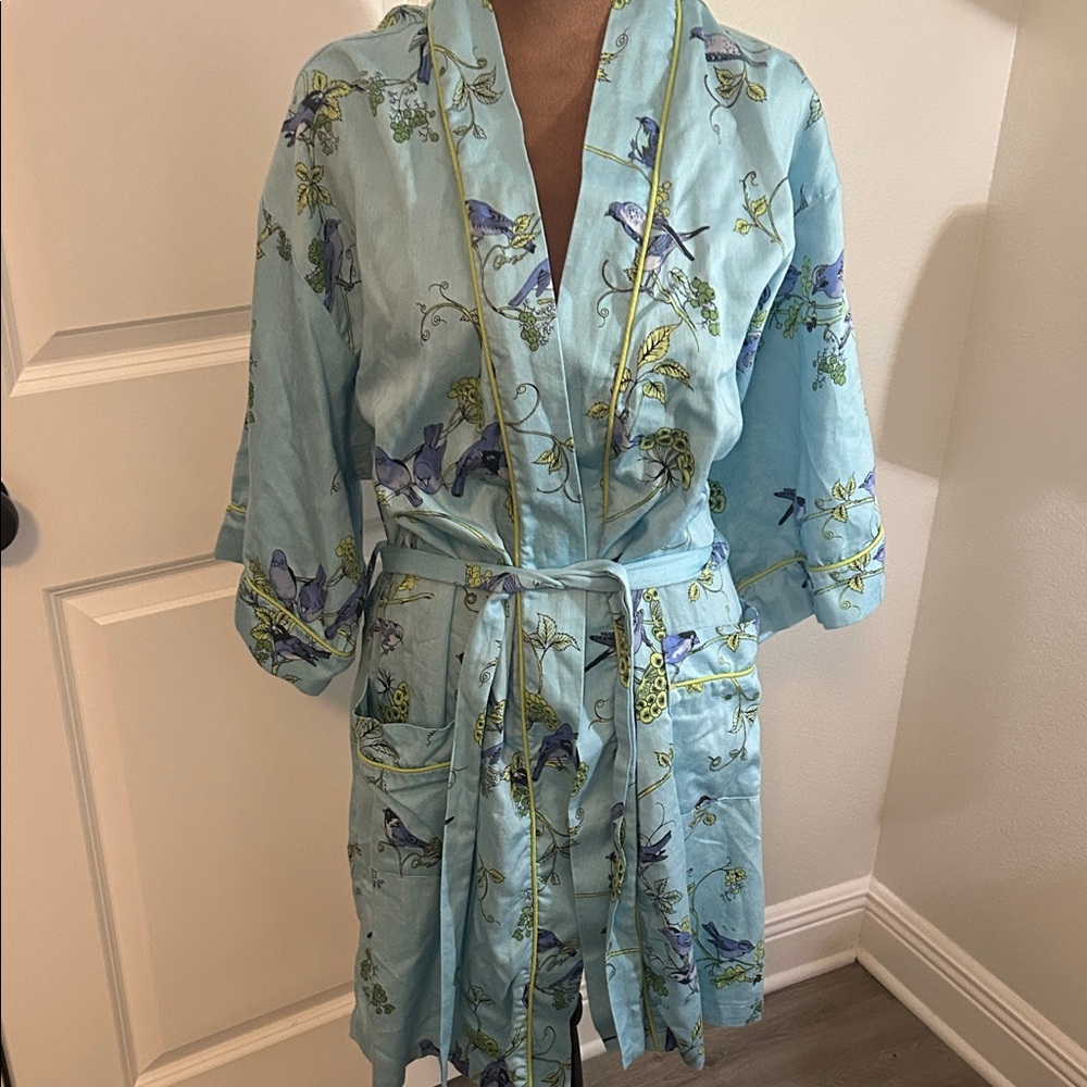 BedHead Light Blue Cotton Robe with Bird & Floral Print
